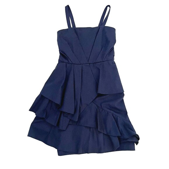Alice + Olivia size 0 Dress Fit Flare Tiers Layers Dark Blue Strap Sleeves - Picture 1 of 10